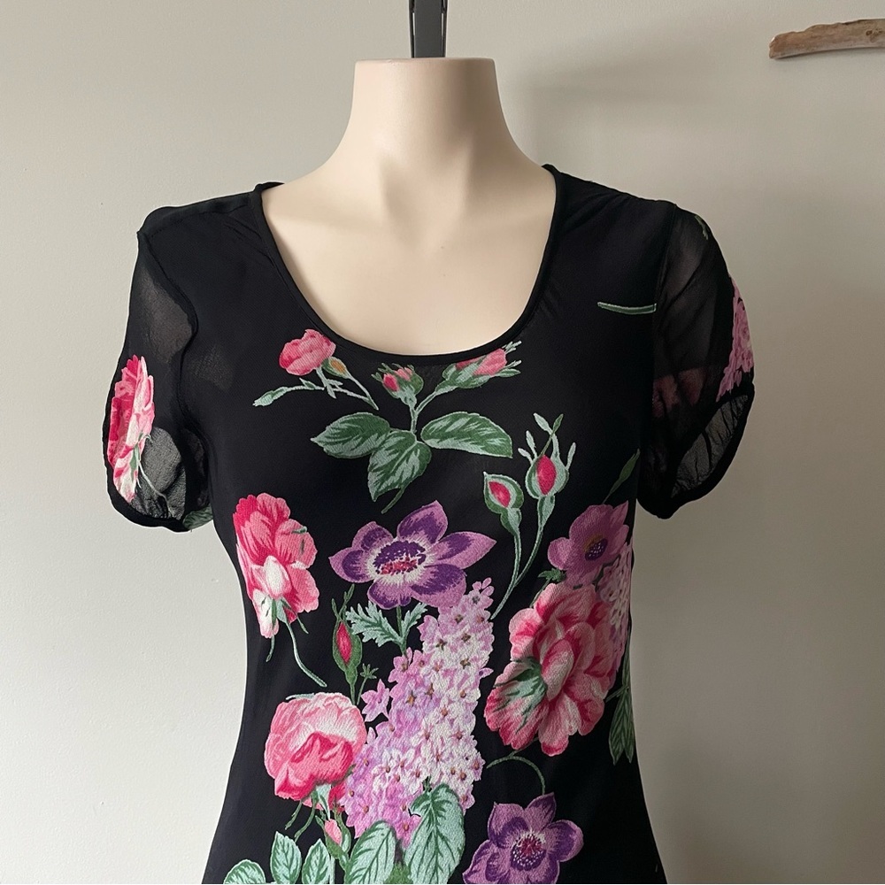 Vintage Nostalgic Floral Chiffon Maxi Dress Whimsigoth Black Pink 90s Y2K - Picture 3 of 8